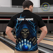 Load image into Gallery viewer, Black and Blue Lightning Thunder Reaper Skull Bowling Shirt For Men Custom Bowling Team League Jersey NQS10728