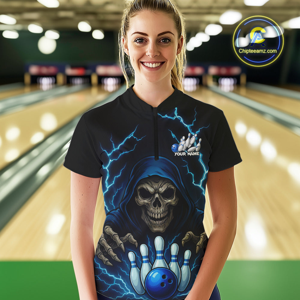 Black and Blue Lightning Thunder Reaper Skull Women Bowling Shirts Custom Bowling Team League Jersey NQS10728