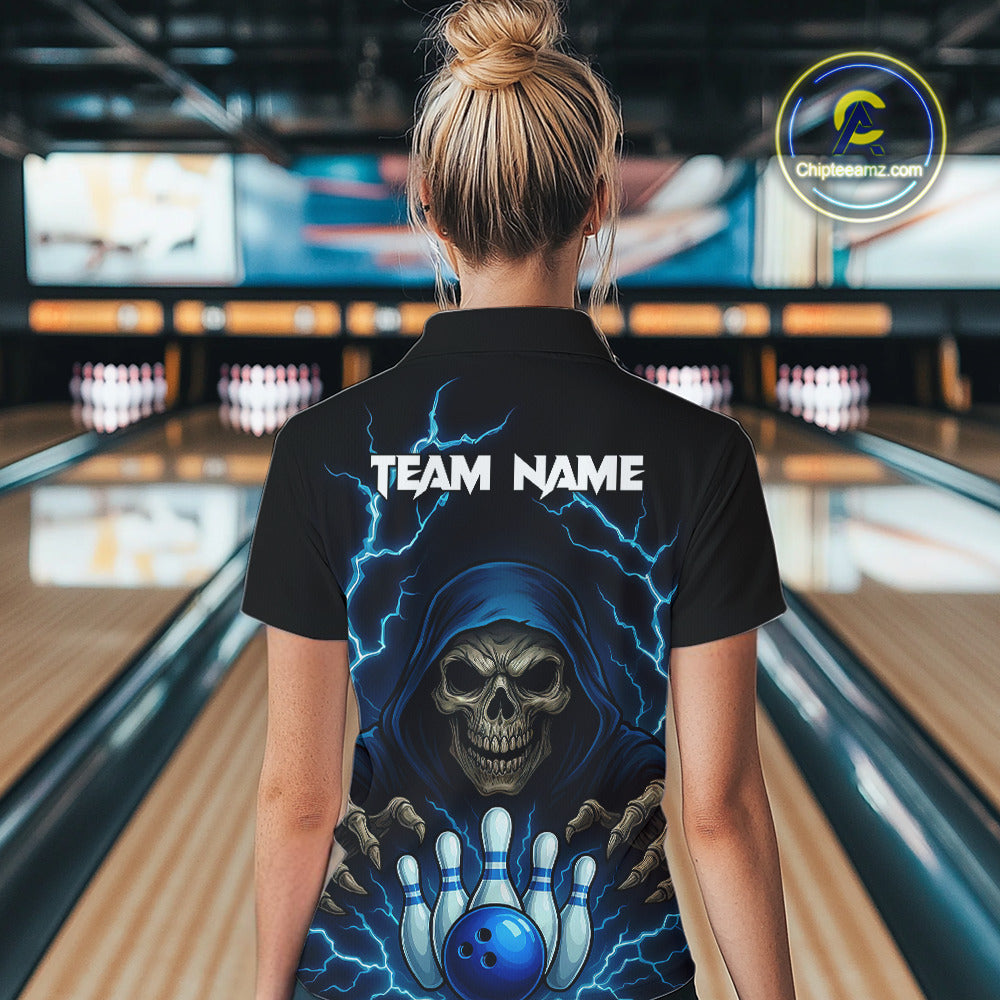 Black and Blue Lightning Thunder Reaper Skull Women Bowling Shirts Custom Bowling Team League Jersey NQS10728