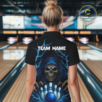 Black and Blue Lightning Thunder Reaper Skull Women Bowling Shirts Custom Bowling Team League Jersey NQS10728