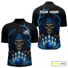 Load image into Gallery viewer, Black and Blue Lightning Thunder Reaper Skull Bowling Shirt For Men Custom Bowling Team League Jersey NQS10728