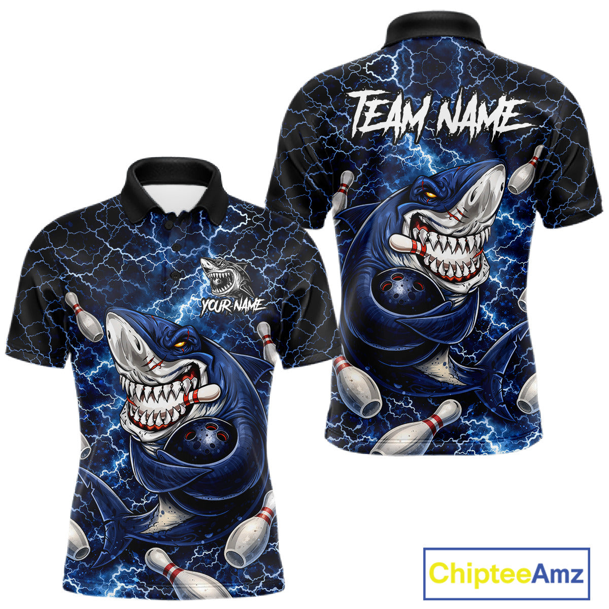 Blue Lightning Thunder Angry Shark Bowling shirts For Men Custom Shark Bowling Team Jerseys NQS11539