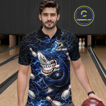 Blue Lightning Thunder Angry Shark Bowling shirts For Men Custom Shark Bowling Team Jerseys NQS11539