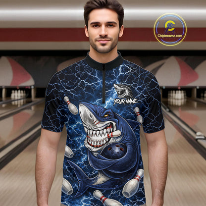 Blue Lightning Thunder Angry Shark Bowling shirts For Men Custom Shark Bowling Team Jerseys NQS11539