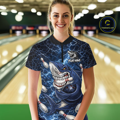 Blue Lightning Thunder Angry Shark Bowling shirts For Women Custom Shark Bowling Team Jerseys NQS11539