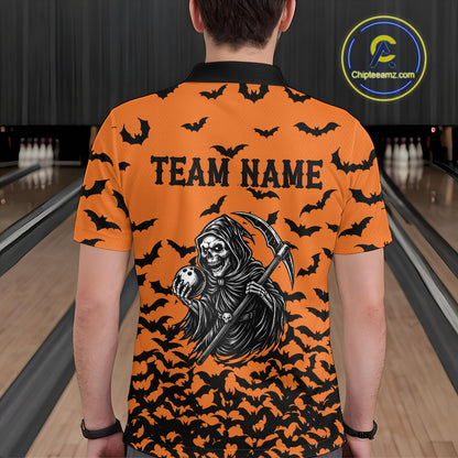 Black and Orange Bats Halloween Skull Reaper Bowling Shirts For Men Custom Bowling Team Jerseys NQS10755