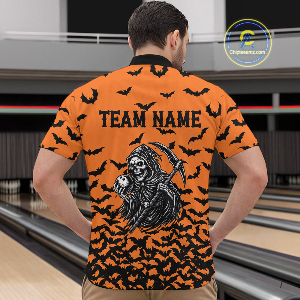 Black and Orange Bats Halloween Skull Reaper Bowling Shirts For Men Custom Bowling Team Jerseys NQS10755