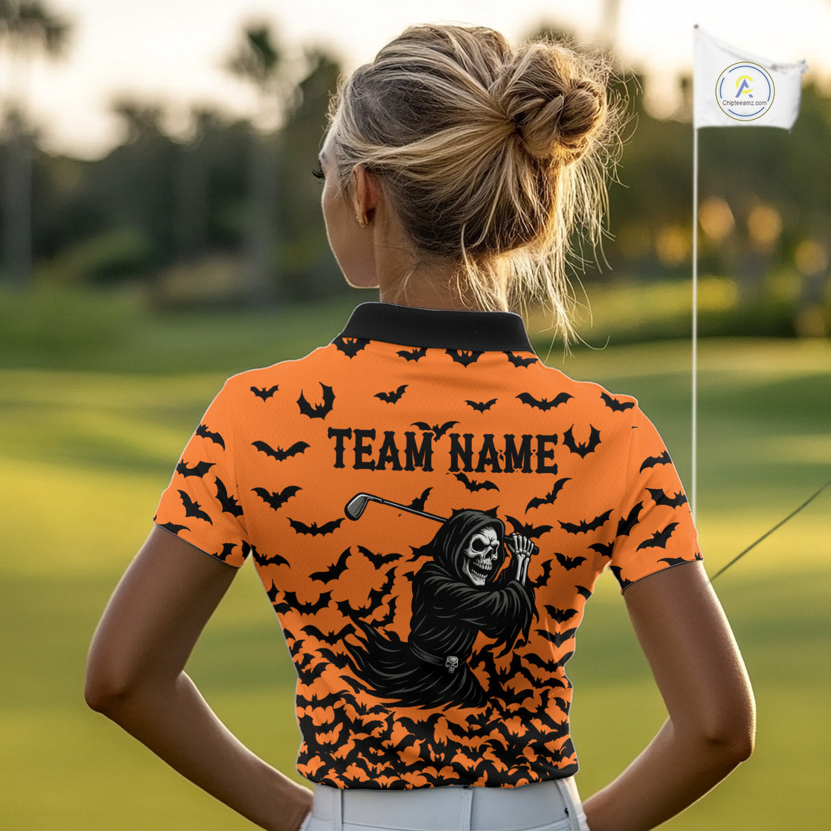 Black and Orange Bats Halloween Skull Reaper Golf Polo Shirt For Women Custom ladies golf top NQS10756