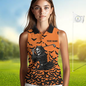 Black and Orange Bats Halloween Skull Reaper Golf Sleeveless Polo Shirt Custom ladies golf top NQS10756