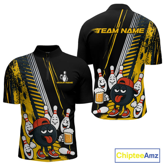 Custom Black and Yellow Funny Bowling And Beer Team Bowling Shirts For Men, bowling outfits for men NQS10965