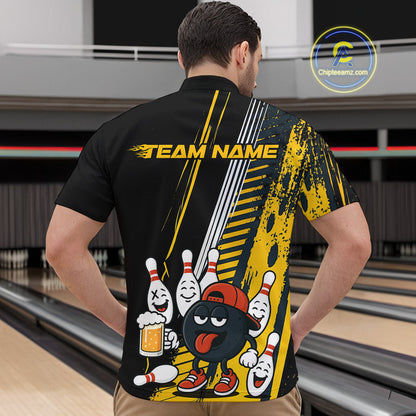 Custom Black and Yellow Funny Bowling And Beer Team Bowling Shirts For Men, bowling outfits for men NQS10965