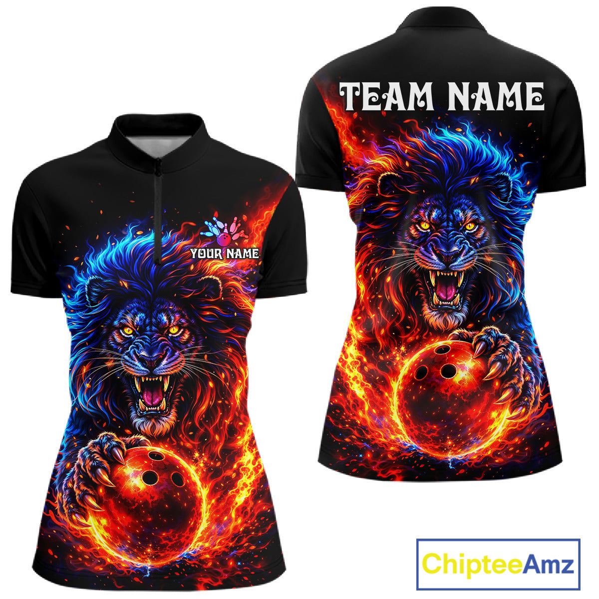 Red and Blue Flame Lion Bowling Shirts For Women Custom Fire Lion Team Bowling jersey NQS11347