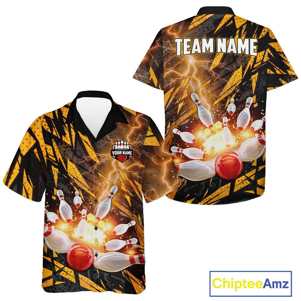 Black and Yellow Camo Lightning Thunder Bowling Hawaiian Shirt Custom Bowling Team Button up shirt NQS11153