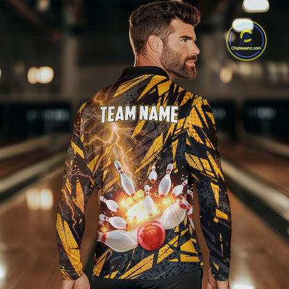 Black and Yellow Camo Lightning Thunder Bowling Shirts For Men Custom Bowling Team Jerseys NQS11153