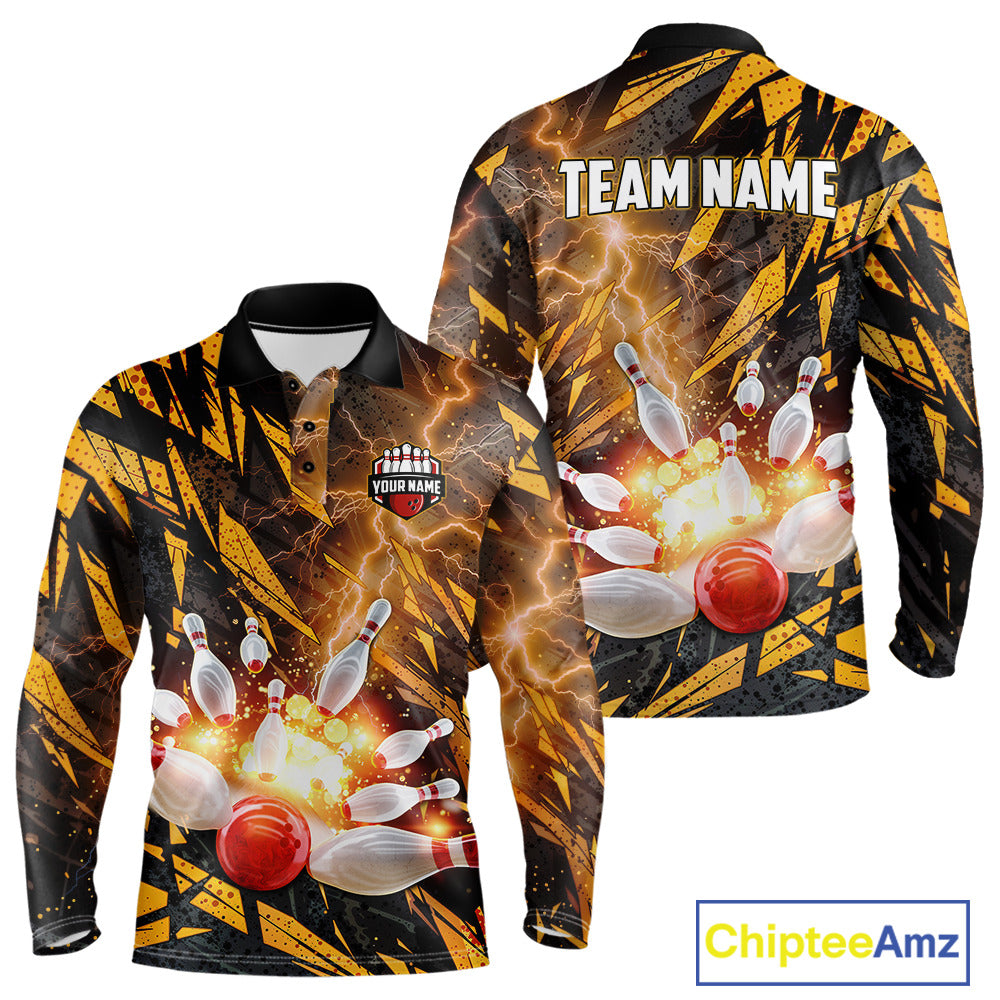 Black and Yellow Camo Lightning Thunder Bowling Shirts For Men Custom Bowling Team Jerseys NQS11153