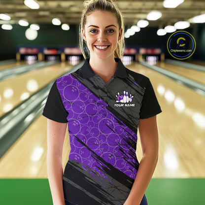 Black and Purple Bowling Camo Polo, 1/4 Zip Shirts for Women Custom Bowling Team League Jerseys NQS11700