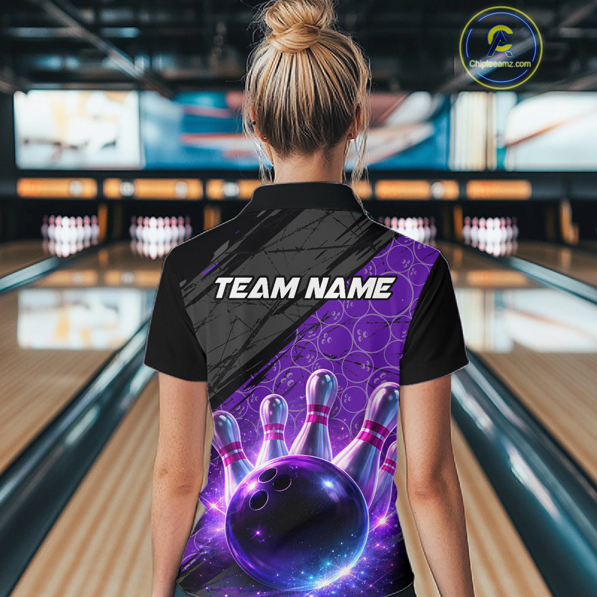 Black and Purple Bowling Camo Polo, 1/4 Zip Shirts for Women Custom Bowling Team League Jerseys NQS11700