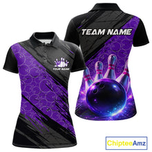 Load image into Gallery viewer, Black and Purple Bowling Camo Polo, 1/4 Zip Shirts for Women Custom Bowling Team League Jerseys NQS11700