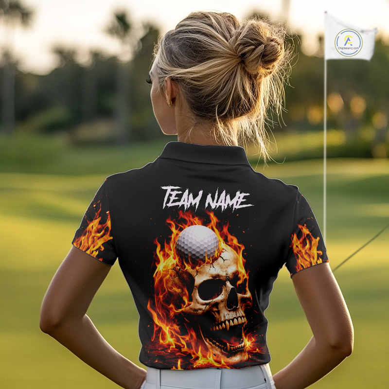 Flame Skull Golf Polo shirts for Women custom Skull Fire team golf shirts, golf gifts for ladies NQS11576