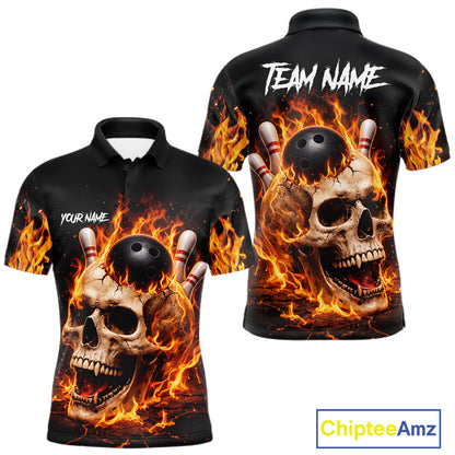 Flame Skull Bowling Polo, 1/4 zip shirts for men custom Skull team Bowling uniforms league jerseys NQS11577