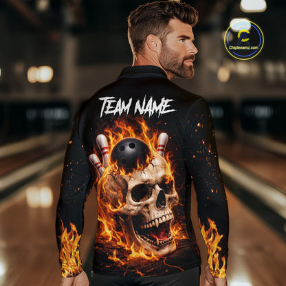 Flame Skull Bowling Polo, 1/4 zip shirts for men custom Skull team Bowling uniforms league jerseys NQS11577
