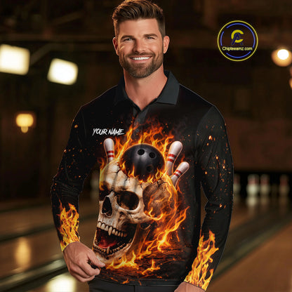 Flame Skull Bowling Polo, 1/4 zip shirts for men custom Skull team Bowling uniforms league jerseys NQS11577