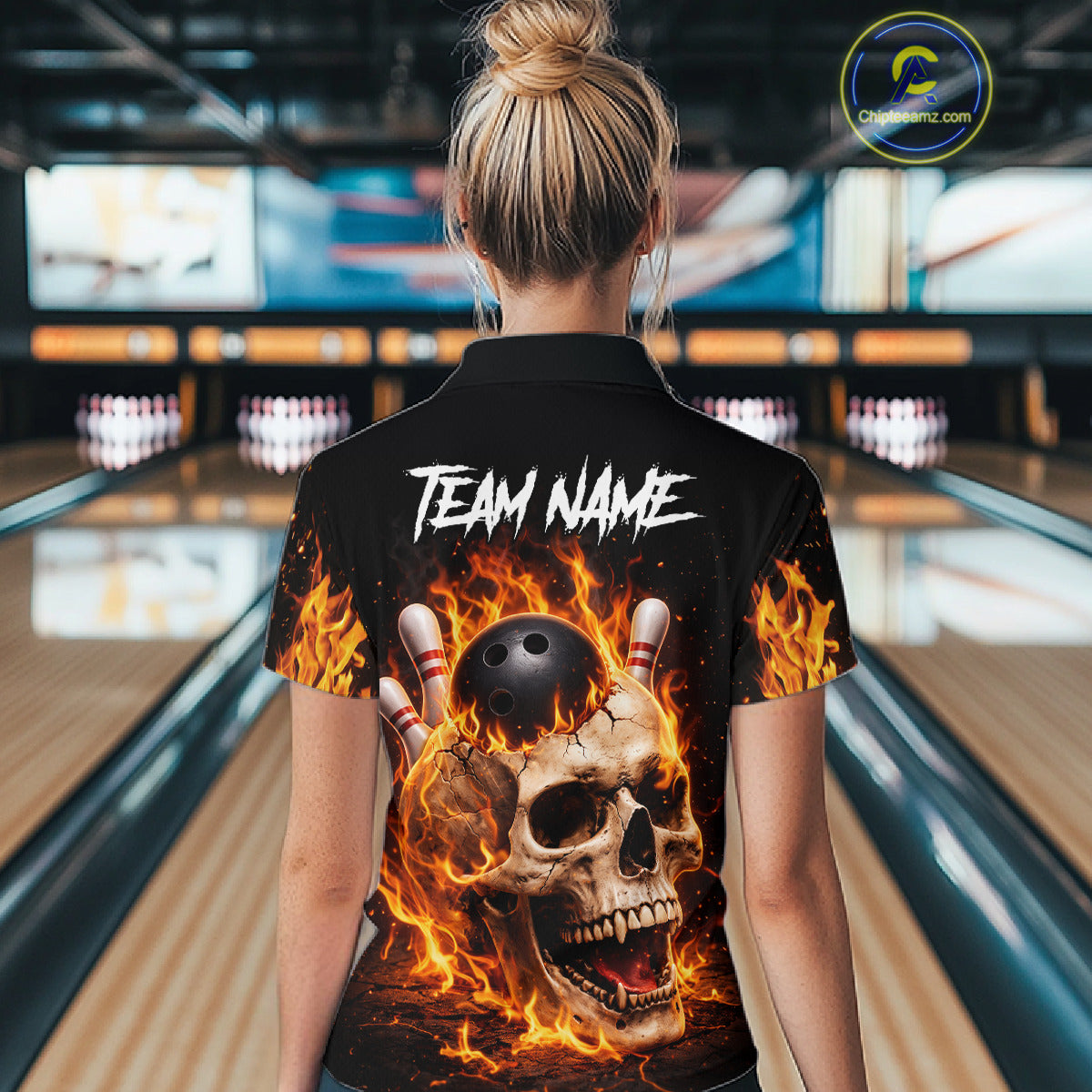 Flame Skull Bowling Polo, 1/4 zip shirts for Women custom Skull team Bowling uniforms league jerseys NQS11577
