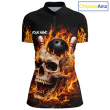 Load image into Gallery viewer, Flame Skull Bowling Polo, 1/4 zip shirts for Women custom Skull team Bowling uniforms league jerseys NQS11577