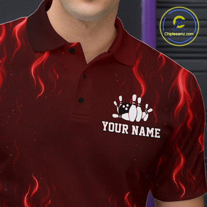 Red flame lightning thunder Bowling polo, quarter zip shirts for men custom Bowling team jerseys NQS10979