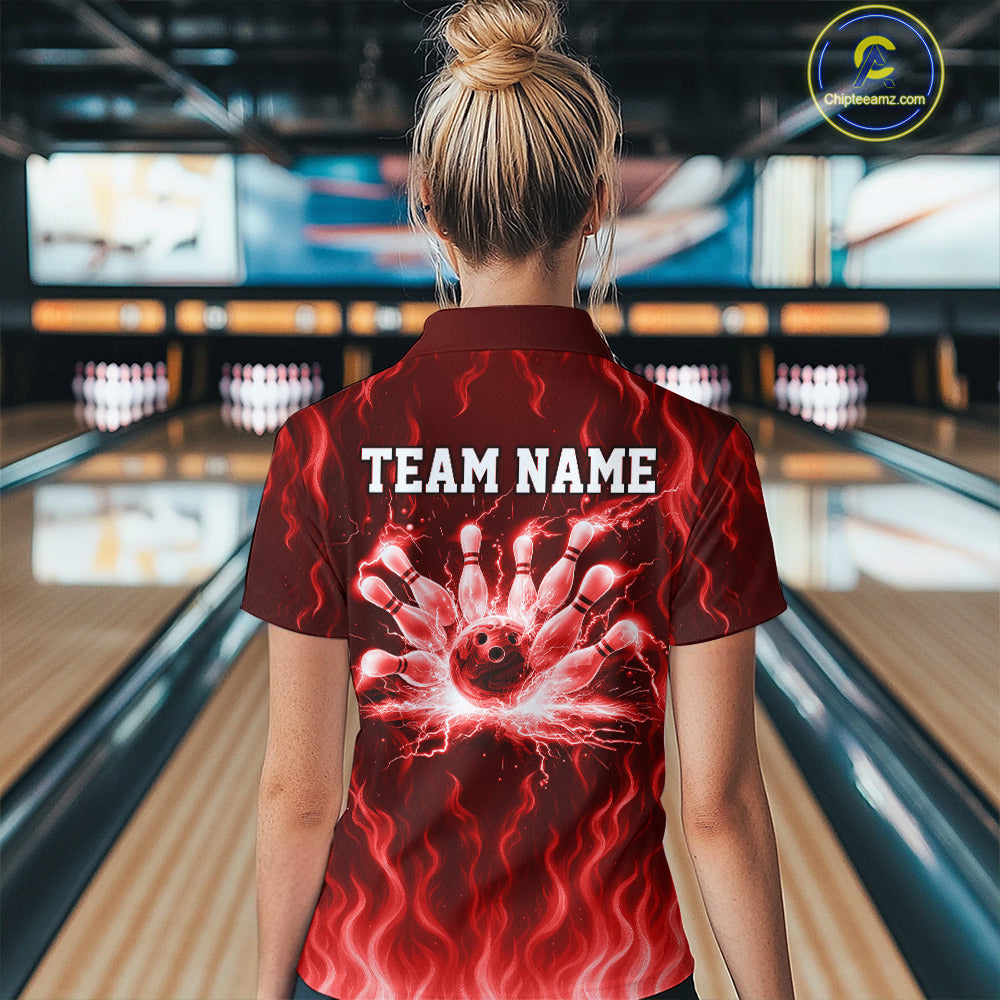 Red flame lightning thunder Bowling polo, quarter zip shirts for Women custom Bowling team jerseys NQS10979