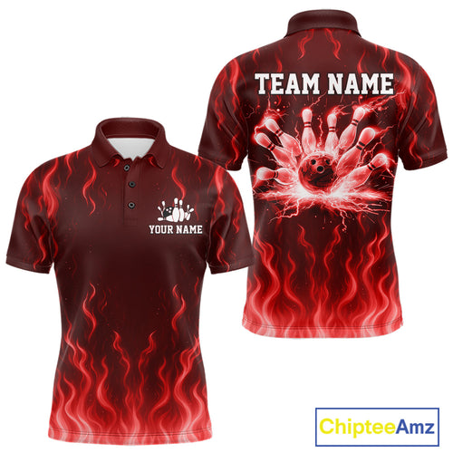 Red flame lightning thunder Bowling polo, quarter zip shirts for men custom Bowling team jerseys NQS10979