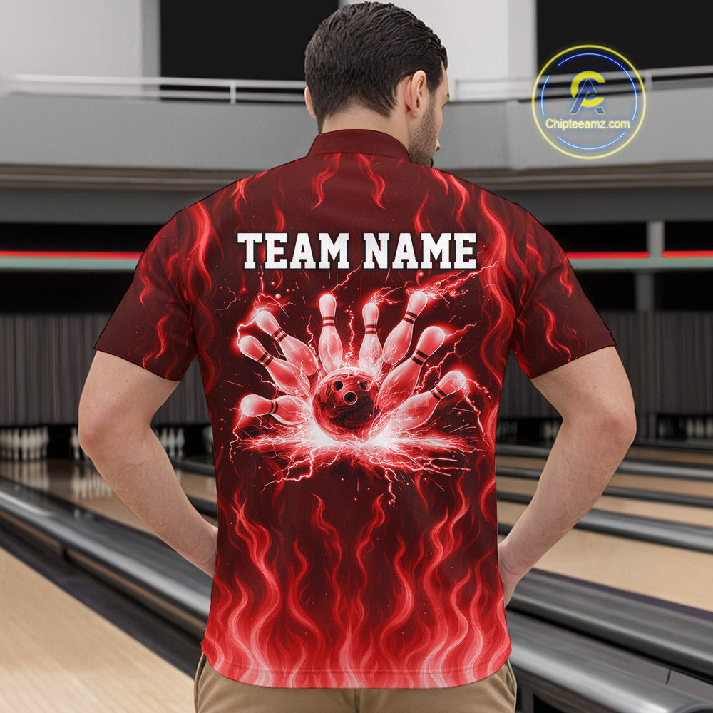 Red flame lightning thunder Bowling polo, quarter zip shirts for men custom Bowling team jerseys NQS10979