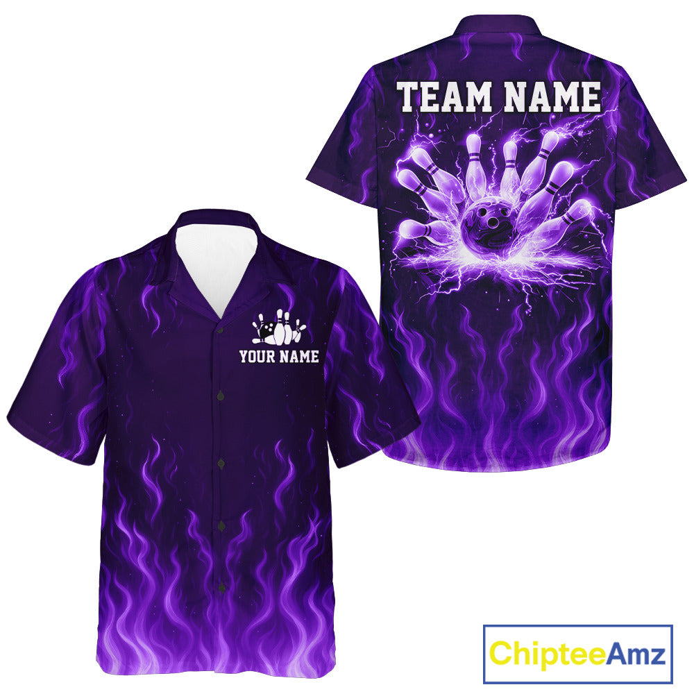 Purple flame lightning thunder Hawaiian Bowling jerseys custom Bowling team button up shirt NQS10980