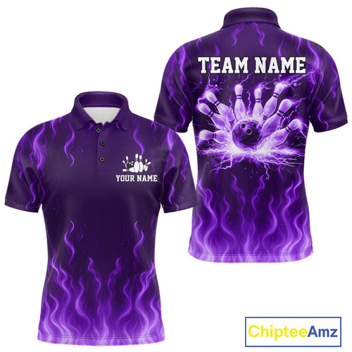 Purple flame lightning thunder Bowling polo, quarter zip shirts for men custom Bowling team jerseys NQS10980
