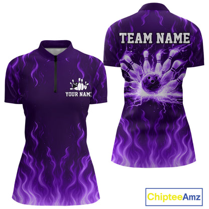 Purple flame lightning thunder Bowling polo, quarter zip shirts for Women custom Bowling team jerseys NQS10980