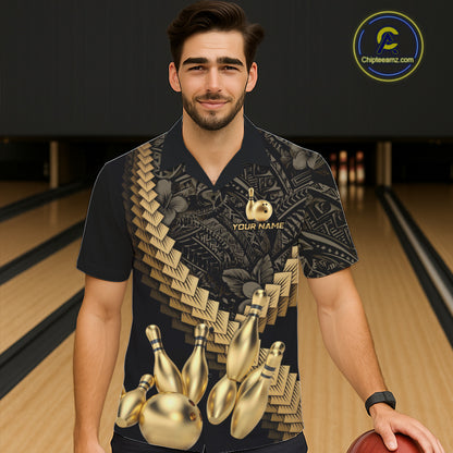 Custom Black and Gold tribal pattern Bowling Button-up Hawaiian Shirt, Team Bowling League jersey NQS11591