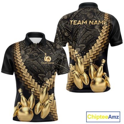 Custom Black and Gold tribal pattern Bowling Polo, 1/4 zip Shirts For Men, Team Bowling League jersey NQS11591