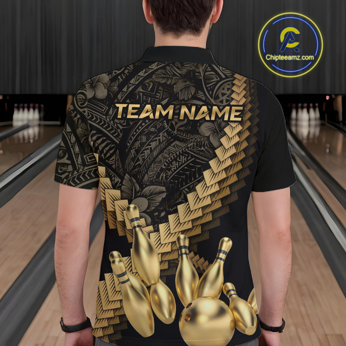Custom Black and Gold tribal pattern Bowling Polo, 1/4 zip Shirts For Men, Team Bowling League jersey NQS11591