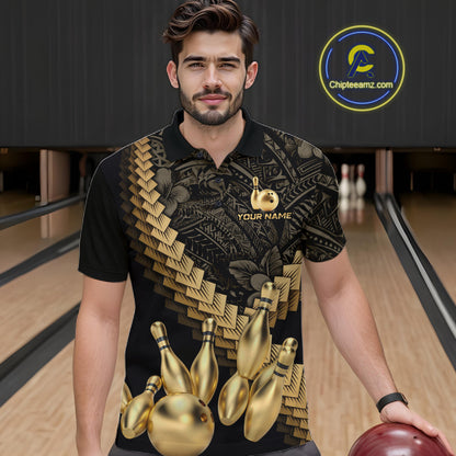 Custom Black and Gold tribal pattern Bowling Polo, 1/4 zip Shirts For Men, Team Bowling League jersey NQS11591