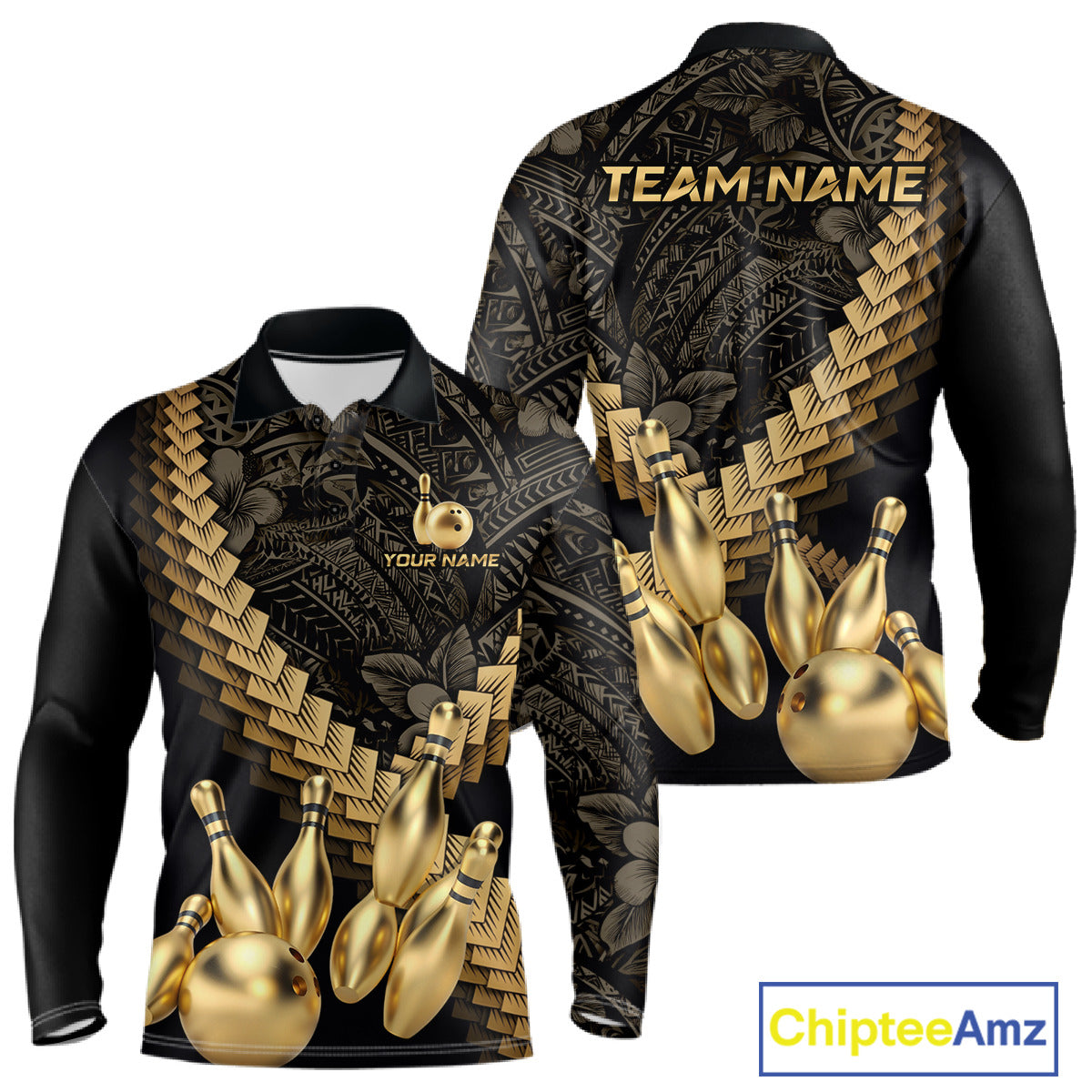 Custom Black and Gold tribal pattern Bowling Polo, 1/4 zip Shirts For Men, Team Bowling League jersey NQS11591