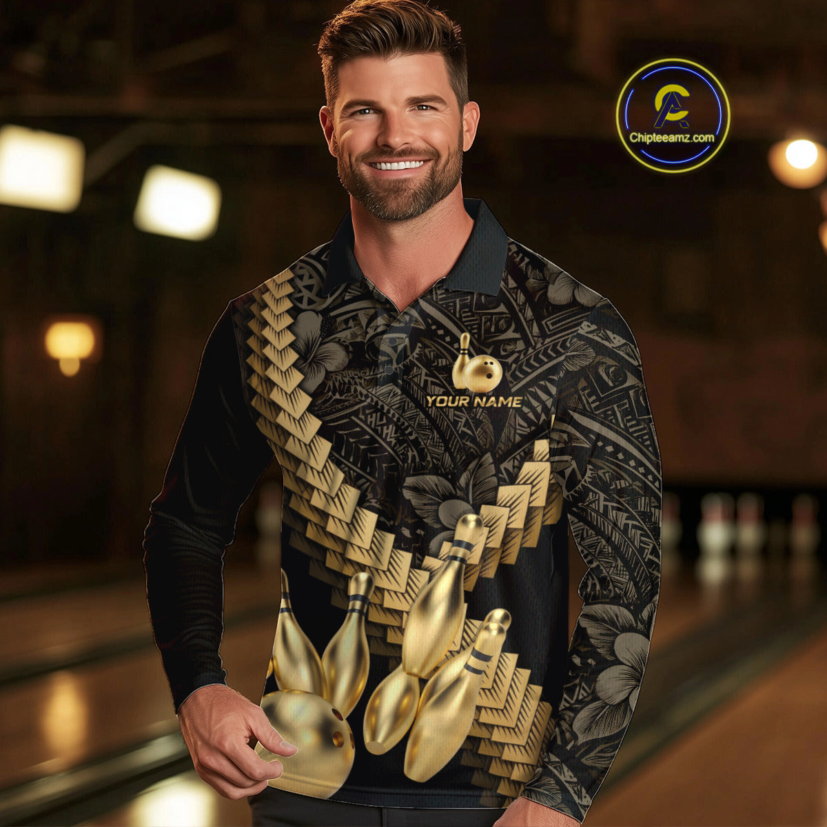 Custom Black and Gold tribal pattern Bowling Polo, 1/4 zip Shirts For Men, Team Bowling League jersey NQS11591