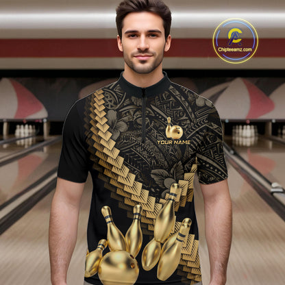 Custom Black and Gold tribal pattern Bowling Polo, 1/4 zip Shirts For Men, Team Bowling League jersey NQS11591
