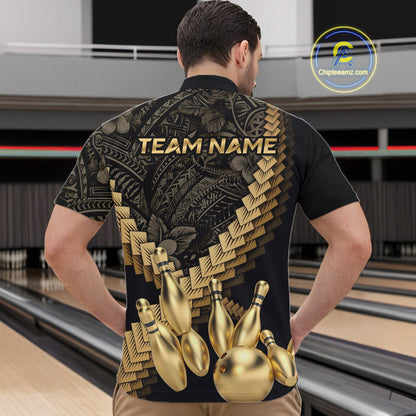 Custom Black and Gold tribal pattern Bowling Polo, 1/4 zip Shirts For Men, Team Bowling League jersey NQS11591