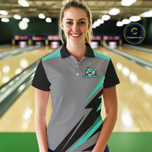 Load image into Gallery viewer, Personalized Gray and Turquoise Bowling Team Shirts For Women Custom Bowling Polo, Quarter Zip Shirts NQS10822