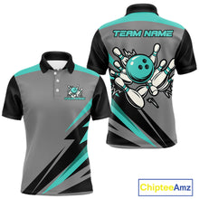 Load image into Gallery viewer, Personalized Gray and Turquoise Bowling Team Shirts For Men Custom Bowling Polo, Quarter Zip Shirts NQS10822