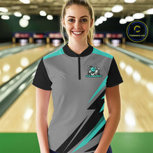 Load image into Gallery viewer, Personalized Gray and Turquoise Bowling Team Shirts For Women Custom Bowling Polo, Quarter Zip Shirts NQS10822