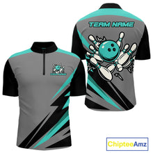 Load image into Gallery viewer, Personalized Gray and Turquoise Bowling Team Shirts For Men Custom Bowling Polo, Quarter Zip Shirts NQS10822