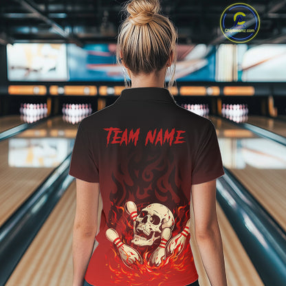 Red Skull Bowling Shirts With Flames custom quarter zip, polo team jerseys, bowling jerseys Women NQS10998