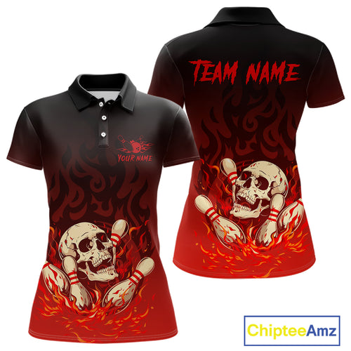 Red Skull Bowling Shirts With Flames custom quarter zip, polo team jerseys, bowling jerseys Women NQS10998