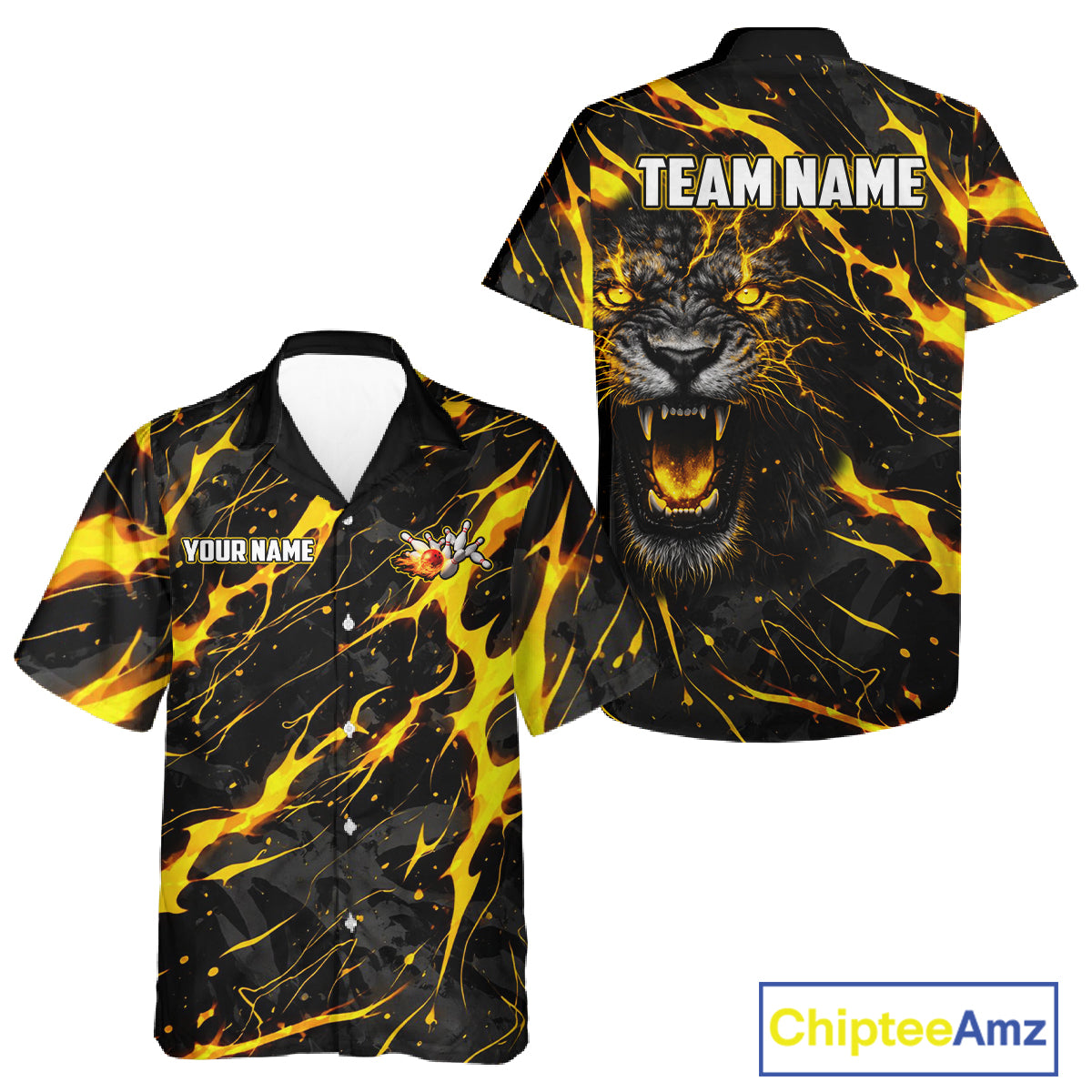 Custom Black & Gold Lightning Thunder Lion Bowling Hawaiian Shirts, Lion Team Bowling League Jerseys NQS11600